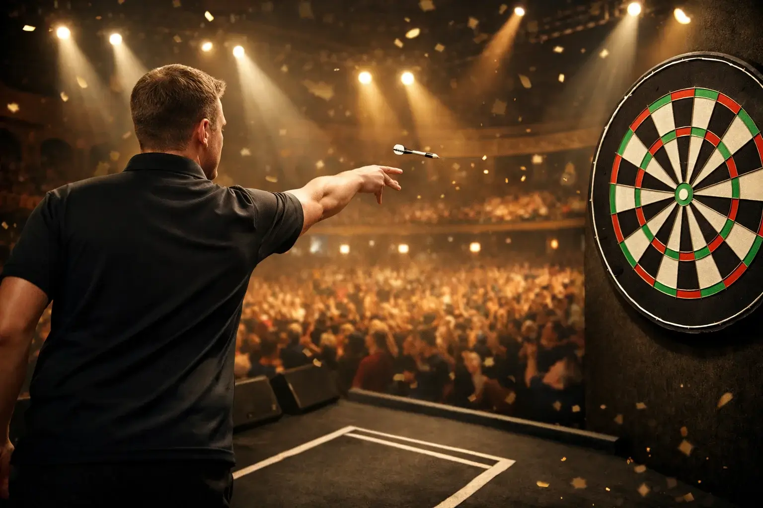 Darts-Spieler wirft Pfeil auf die Scheibe im Alexandra Palace während der WM