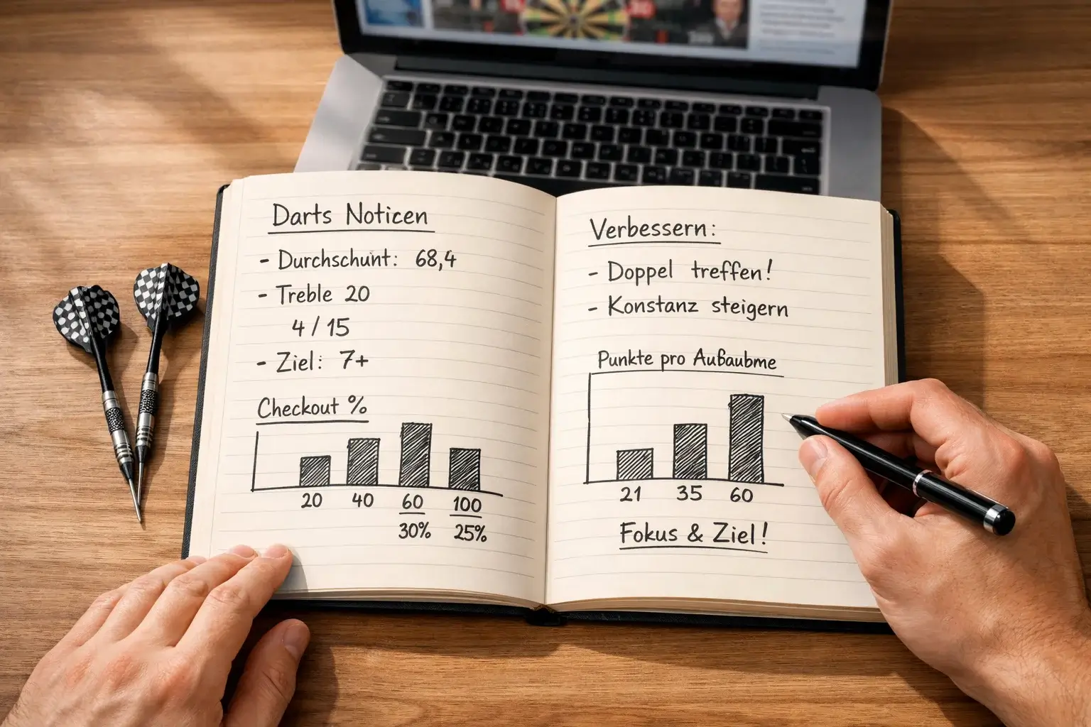 Person analysiert Darts-Statistiken auf einem Notizblock neben einem Laptop