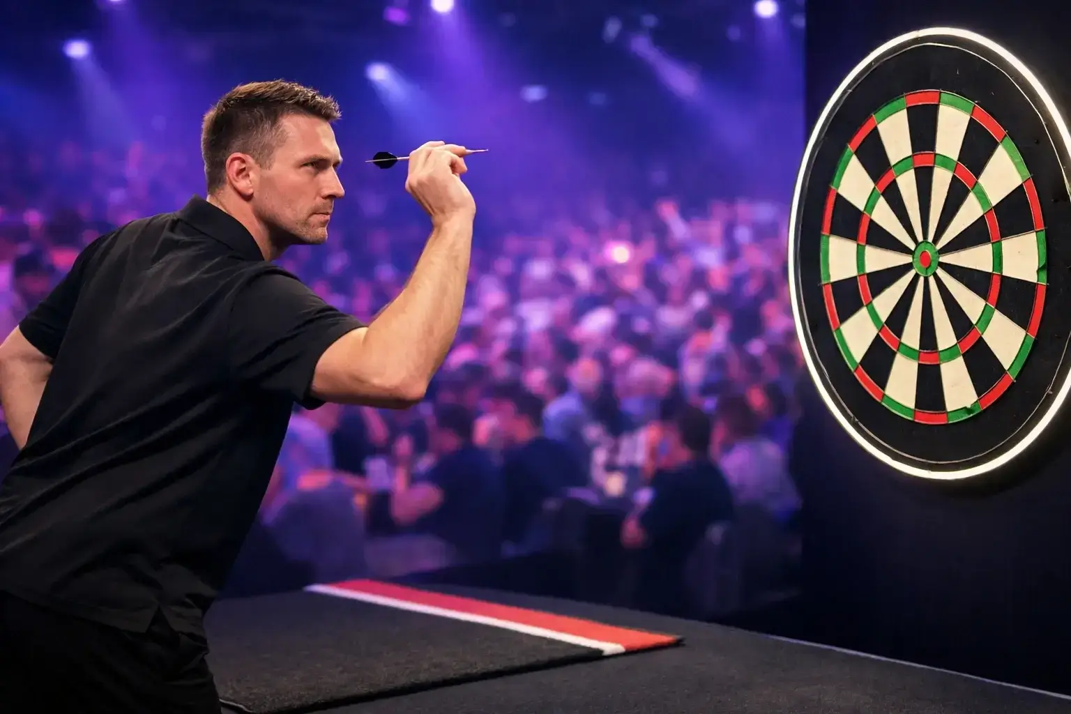 Darts-Spieler am Oche bei einem Live-Match vor jubelndem Publikum