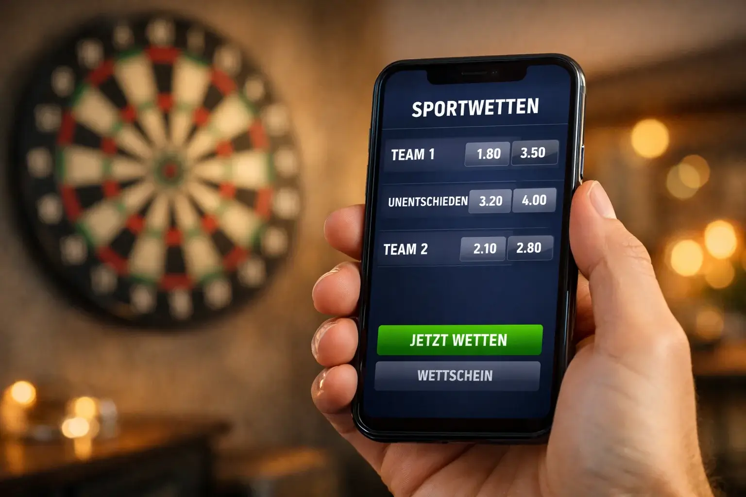 Smartphone zeigt Darts-Wettquoten neben einer Dartscheibe im Hintergrund