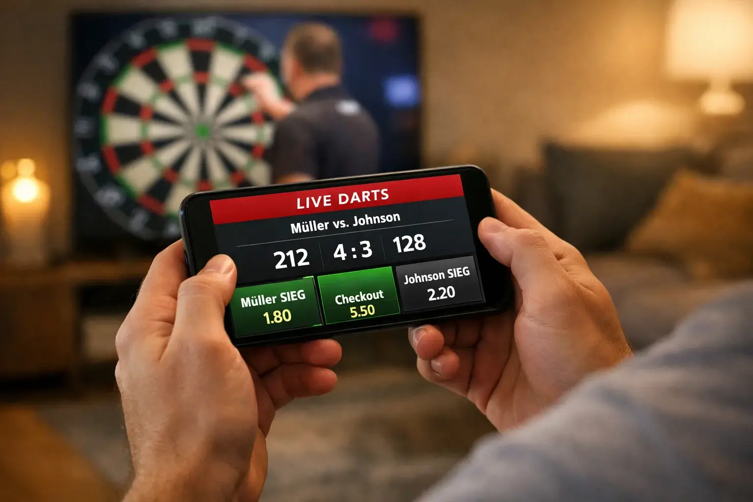 Darts-Fan verfolgt ein Match auf dem Smartphone und platziert eine Livewette
