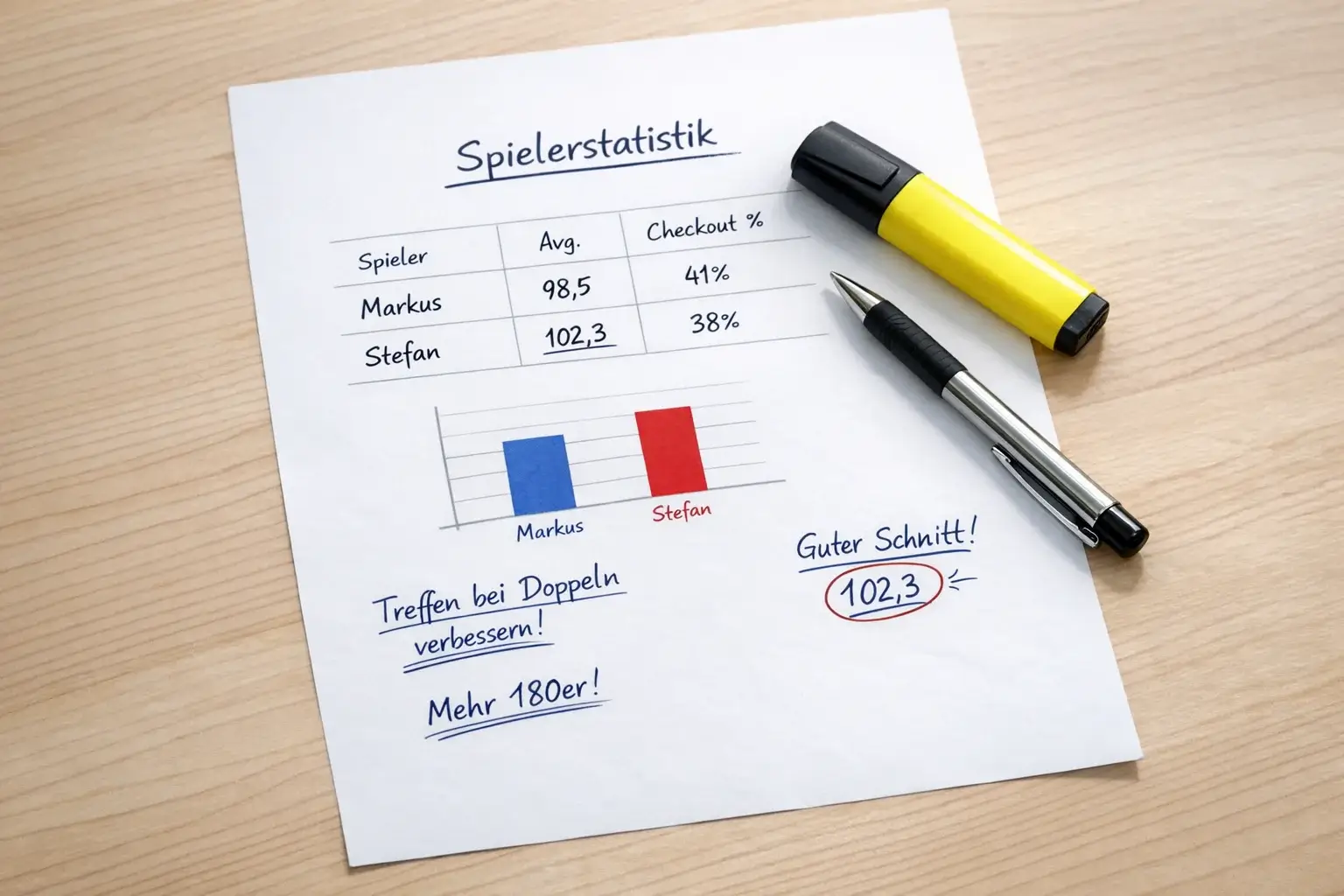 Notizblock mit Darts-Quotenvergleich neben einem Stift und Laptop
